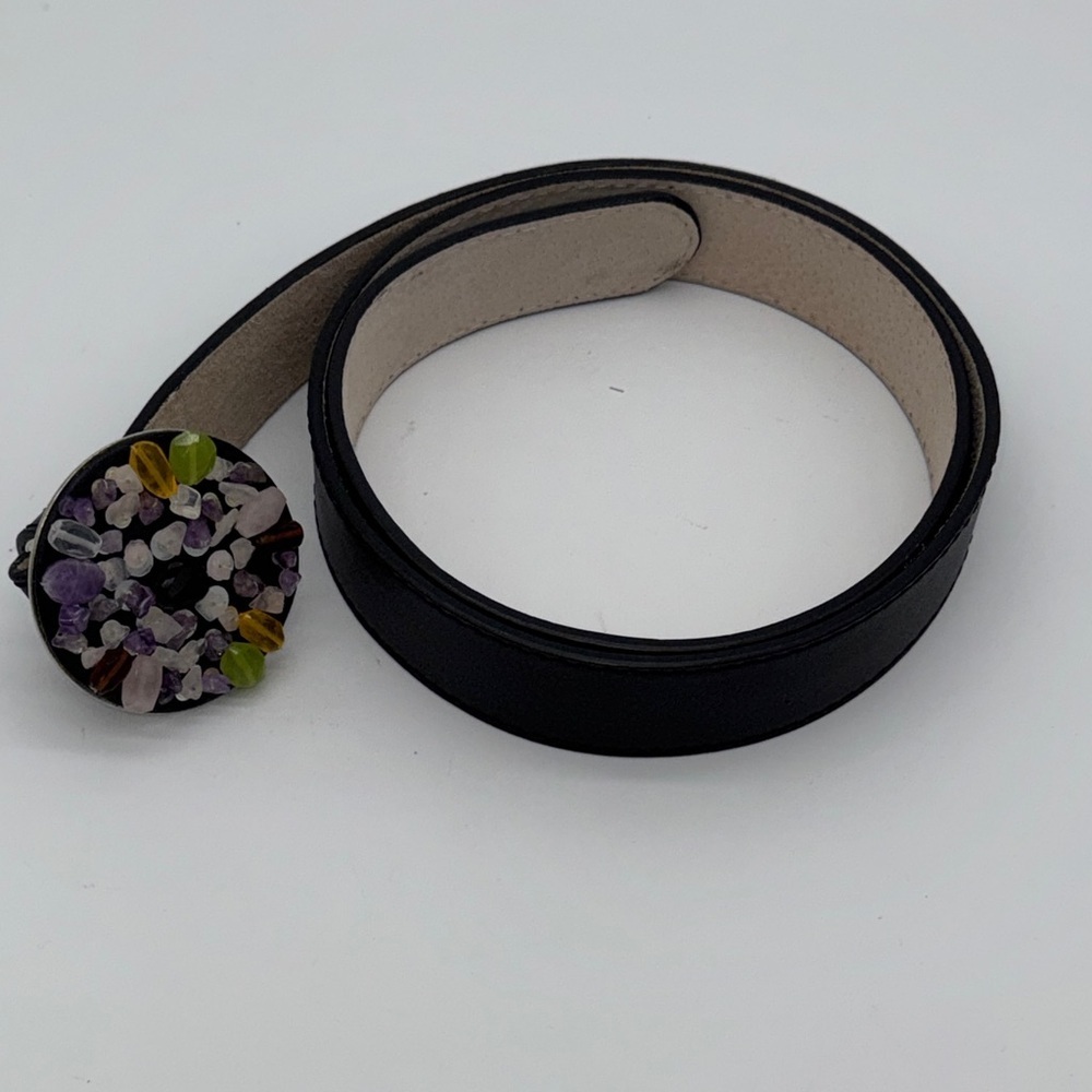 Talbots Black Leather Belt with Colorful Gemstone Buckle